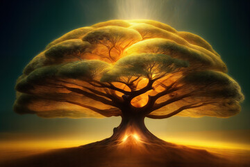 Radiant Tree of Life With Golden Aura of Vitality Generative AI Art Illustration