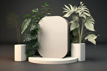 Contemporary White Podium Stage Shelf and Tropical Leaf Backgrounds. Generative AI