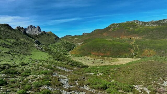 Aerial view of Cubillas De Arbas in Leon Spain, tracking wide shot