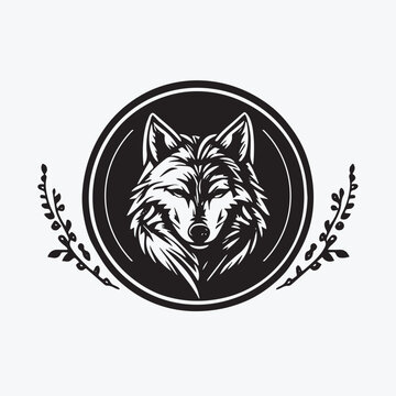 Stylish Black and White Wolf Circle Logo , Flat style logo