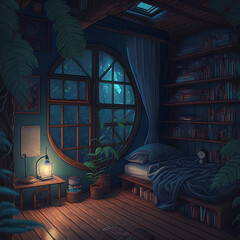 Obraz na płótnie Canvas illustration of bedroom in the middle of forest, generative AI