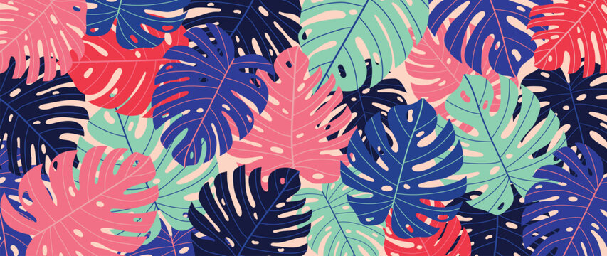 Colorful tropical leaves background vector illustration. Abstract botanical palm leaves pattern, exotic vibrant summer style with grunge texture. Contemporary design for home decoration, wallpaper.