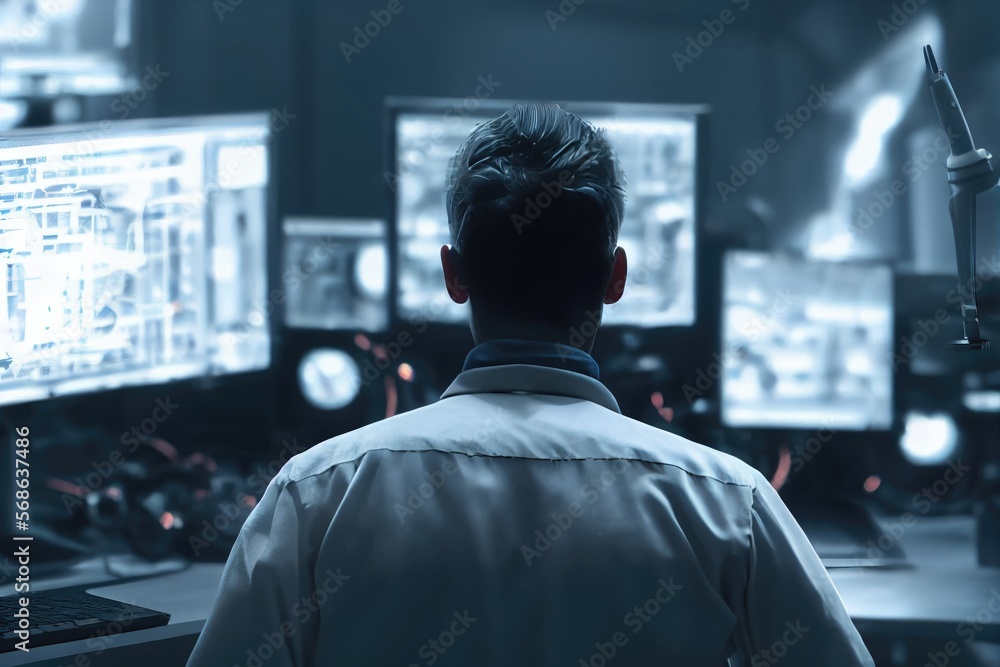 Fototapete man engineer in front of multiple computer monitors cae computer aided engineering made with generat