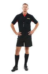Sports, portrait and male referee in a studio posing with sportswear for a soccer match or...