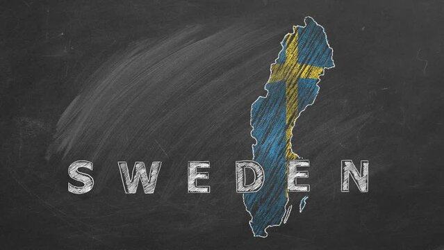 Map of Sweden with name and flag inside drawn in chalk on a blackboard. Hand drawn animation. One of a large series of maps and flags of different countries. Education, travel, study abroad concept