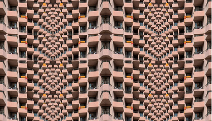 Abstract collage with fragments of a multi-storey house with balconies