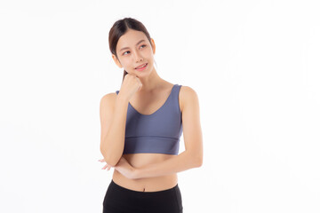 Fototapeta premium Portrait of beautiful young asian woman in sportwear smile and thinking isolated on white background, sport and exercise for health and weightloss, female and slimming with confident and wellness.
