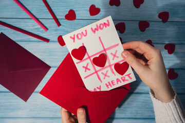 Valentines Day. Instructions for making valentine cards. Text YOU WON MY HEART and tic tac toe game...