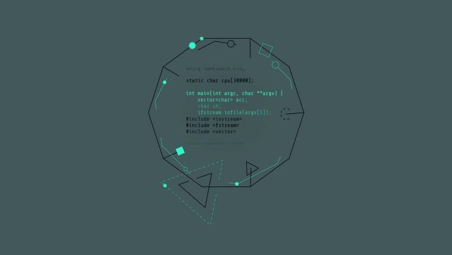 Looped animation of a code fragment in a decagon HUD element.