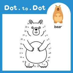 Dot to dot educational game and coloring book of bear animal cartoon for preschool kids activity about learning counting number and handwriting practice worksheet. vector illustration