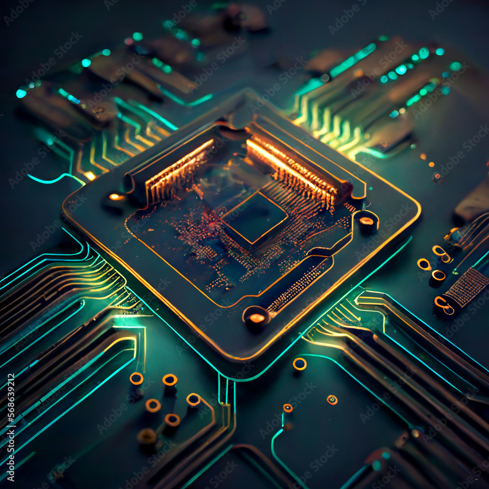 Poster microchip on the motherboard with glowing eletronic circuits created with generative ai technology