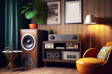Contemporary living room with 70s-80s theme decoration created with Generative AI technology.