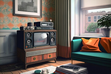Contemporary living room with 70s-80s theme decoration created with Generative AI technology.