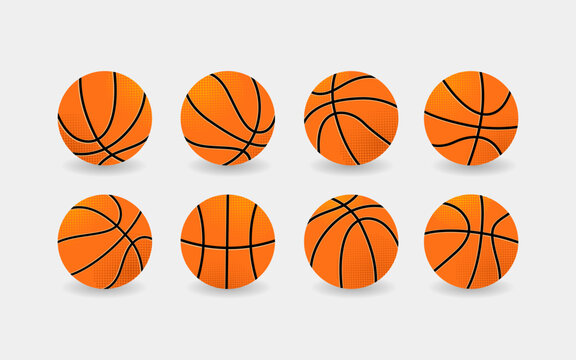 Eight basketballs shown in different viewpoints on a white background