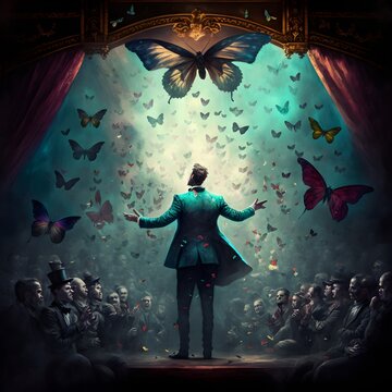 a conjurer seen from the front reveals a very colorful cloud of butterflies he is standing on a stage of a cabaret in front of the public who applauds 