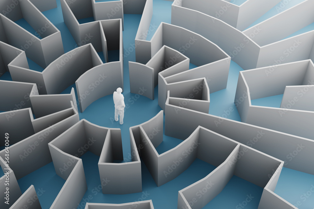 Aufkleber background of a person who has lost their way in the center of a circular maze,3d rendering