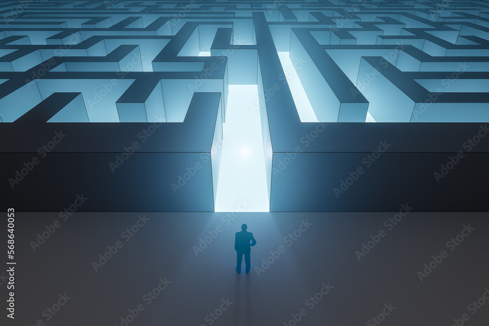 Poster the appearance of a man standing at the entrance of a maze where light is shining through, 3d render
