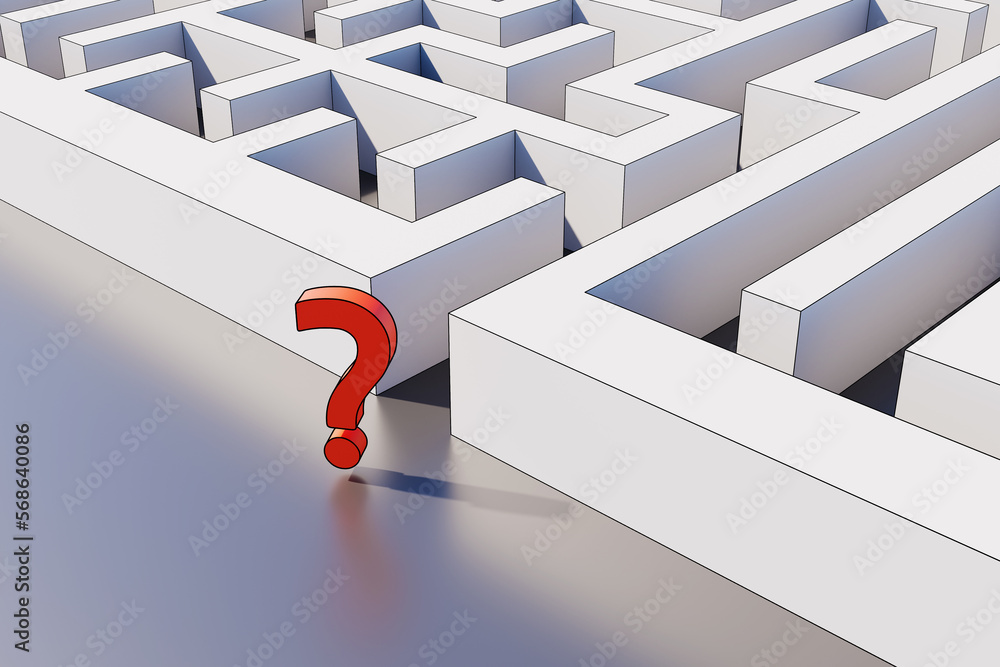Poster background with a question mark at the entrance of the maze, 3d rendering