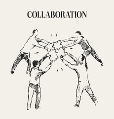 People holding puzzle. Teamwork concept sketch