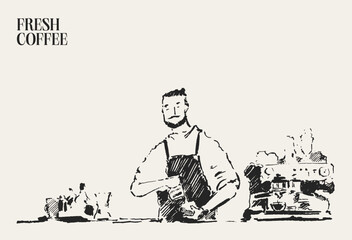 The barista makes coffee in the coffeehouse, hand drawn illustration