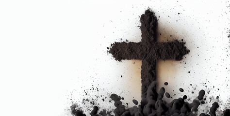 Ash Lent Wednesday, a crucifix made of ash, and dust as isolated on white background.Christian religion. Lent beginning. Generative AI.
