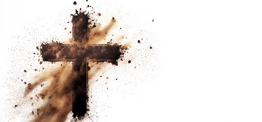 Ash Lent Wednesday, a crucifix made of ash, and dust as isolated on white background.Christian religion. Lent beginning. Generative AI.