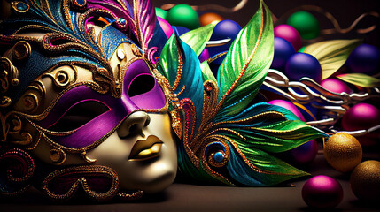 Top view of Venetian mask, mardi gras mask, or disguise on bokeh background. Generative AI - obrazy, fototapety, plakaty