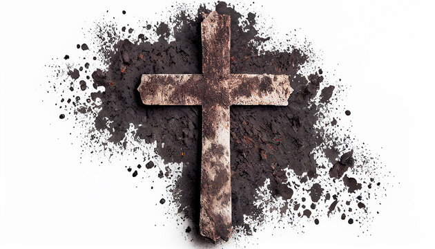 Ash Lent Wednesday, a crucifix made of ash, and dust as isolated on white background.Christian religion. Lent beginning. Generative AI. © Studio Multiverse
