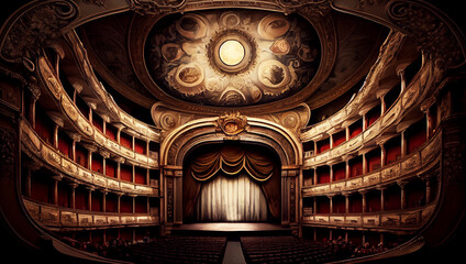 Fototapeta premium theater stage with red curtains, columns and a spotlight in center. Theatre interior empty wooden scene, luxury decoration and light beams fall on floor, Generative AI