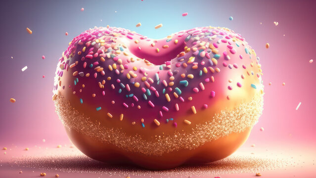 Colorful pink donut dessert sprinkled with heart meises sugar, soft dough, eat in the morning, sweet taste, beautiful color, can be eaten as a snack, isolated on blurred pink background. generative ai