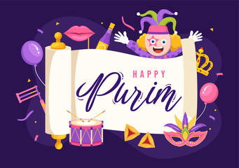 Happy Purim Illustration with Carnival Masks, Jewish Holiday and Funfair in Flat Cartoon Hand Drawn for Web Banner or Landing Page Templates