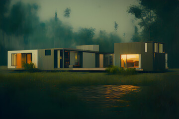 Environmentally friendly eco house in the forest. Concept art. Generative AI