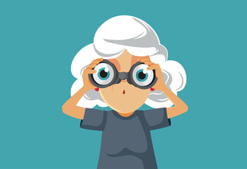 Curious Senior Woman Spying with Binoculars Funny Cartoon Illustration. Sneaky nosy grandma watching everything from afar
