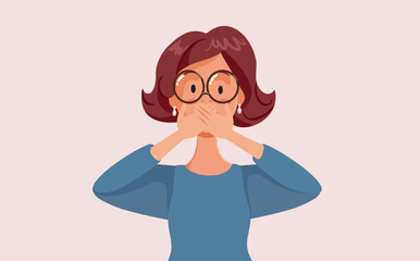 Funny Woman Covering her Mouth to Keep Secrets Vector Cartoon Illustration. Polite lady reacting in shock to a astonishing news 
