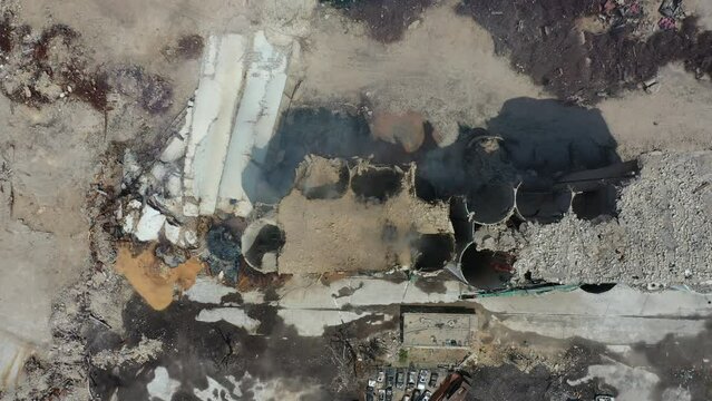 Top down aerial view of the aftermath of the ammonium nitrate explosion in the Port of Beirut.