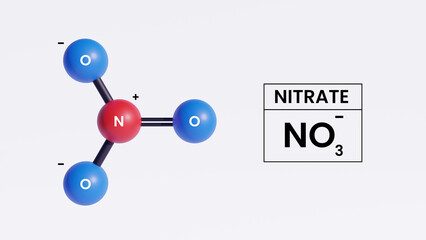 Nitrate anion molecule (no3-). Chemical formula and structure. 3d illustration design.
