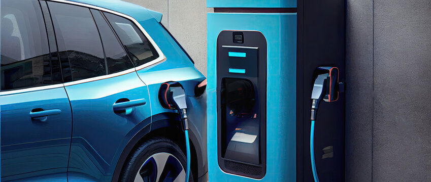 A brand new electric charging station stands next to a light blue electric car that is charging. The charging station has a sleek and modern design ai