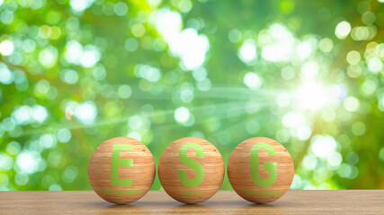 The  green esg on wood ball for eco or environment concept 3d rendering.