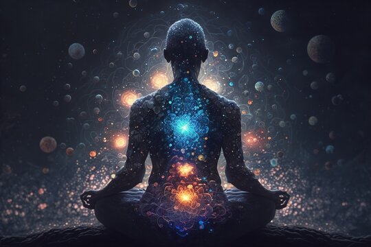 Inside the healing Positive energy, Esoteric and meditation concepts. The person meditates yoga with a deep concentration  Connection with another world in a lotus position. generative AI