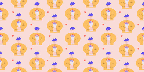 Seamless pattern of man with bouquet of flowers