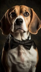 Stylish Humanoid Gentleman Dog in a Formal Well-Made Bow Tie at a Business Dance Party Ball Celebration - Realistic Portrait Illustration Art Showcasing Cute and Cool Beagle  (generative AI)