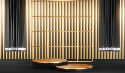 Obraz premium 3d render black podium background showcases a premium, minimal and modern design with a combination of geometric shapes, golden glitter and a realistic studio room setting, creating a perfect platform