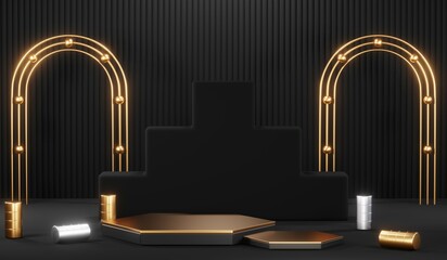 3d render black podium background showcases a premium, minimal and modern design with a combination of geometric shapes, golden glitter and a realistic studio room setting, creating a perfect platform