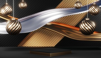 3d render black podium background showcases a premium, minimal and modern design with a combination of geometric shapes, golden glitter and a realistic studio room setting, creating a perfect platform