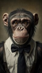 Stylish Humanoid Gentleman Animal in a Formal Well-Made Bow Tie at a Business Dance Party Ball Celebration - Realistic Portrait Illustration Art Showcasing Cute and Cool Chimpanzee  (generative AI)