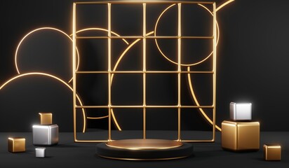 3d render black podium background showcases a premium, minimal and modern design with a combination of geometric shapes, golden glitter and a realistic studio room setting, creating a perfect platform