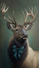 Stylish Humanoid Gentleman Animal in a Formal Well-Made Bow Tie at a Business Dance Party Ball Celebration - Realistic Portrait Illustration Art Showcasing Cute and Cool Elk  (generative AI)