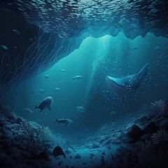 Underwater cave, Abstract sea and ocean backgrounds for your design, deep ocean, Landscape Terrain Underwater Dark Scene, generative by AI