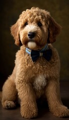 Stylish Humanoid Gentleman Dog in a Formal Well-Made Bow Tie at a Business Dance Party Ball Celebration - Realistic Portrait Illustration Art Showcasing Cute and Cool Golden Doodle  (generative AI)