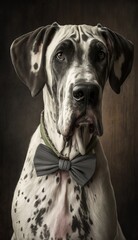 Stylish Humanoid Gentleman Dog in a Formal Well-Made Bow Tie at a Business Dance Party Ball Celebration - Realistic Portrait Illustration Art Showcasing Cute and Cool Great Dane  (generative AI)
